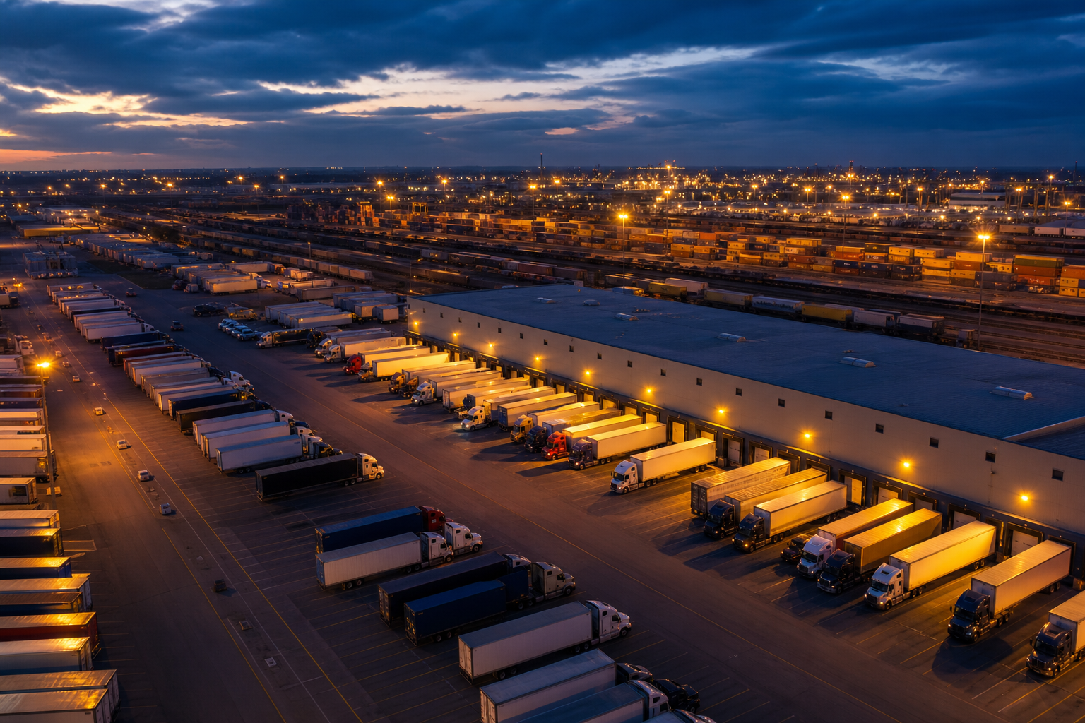 Aerial view of a major intermodal freight hub at dusk
